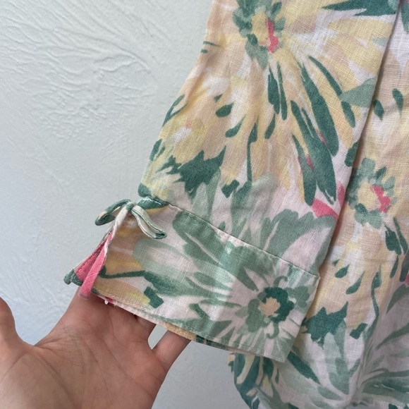 JM Collection 100% Linen Tropical Floral Button Up Green Pink 3/4 Sleeve - Sz 14 - Picture 3 of 6